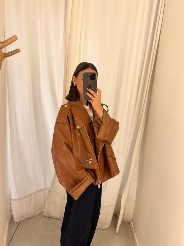 vegan leather bikerjack camel