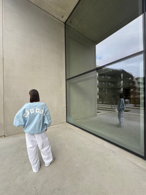 JOSEPH SWEATER LIGHT BLUE WITH ECRU LETTERS