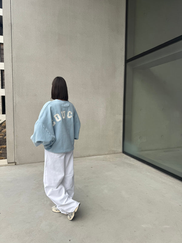 JOSEPH SWEATER LIGHT BLUE WITH ECRU LETTERS