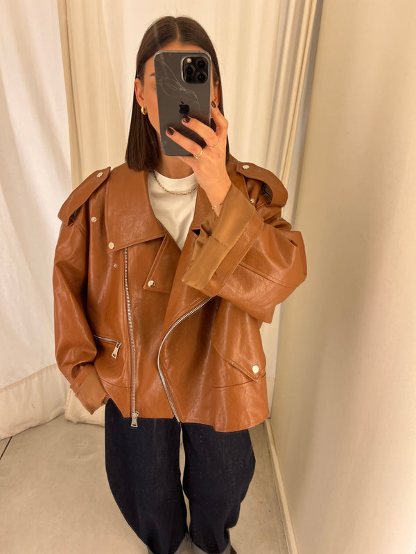 vegan leather bikerjack camel