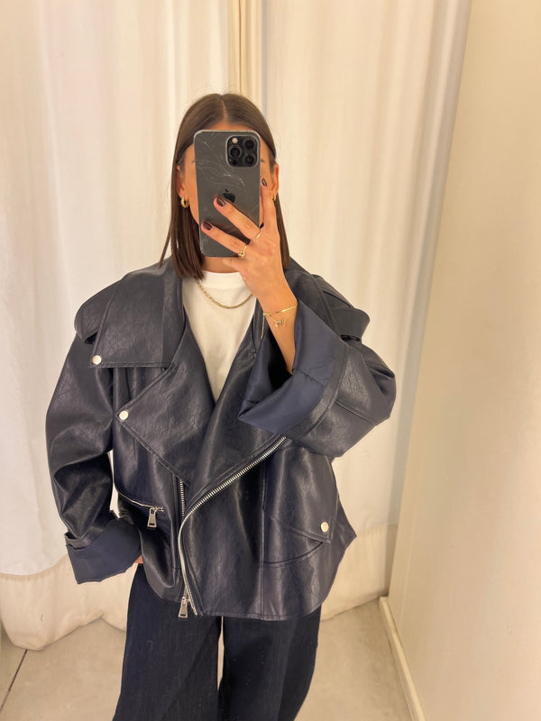 vegan leather bikerjack dark blue