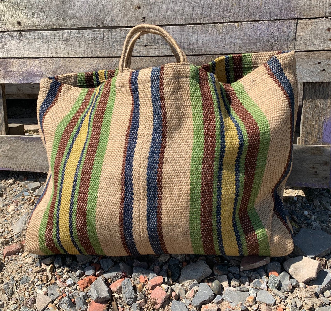 EXTRA LARGE JUTE BAG LIME GREEN AND BROWN STRIPES