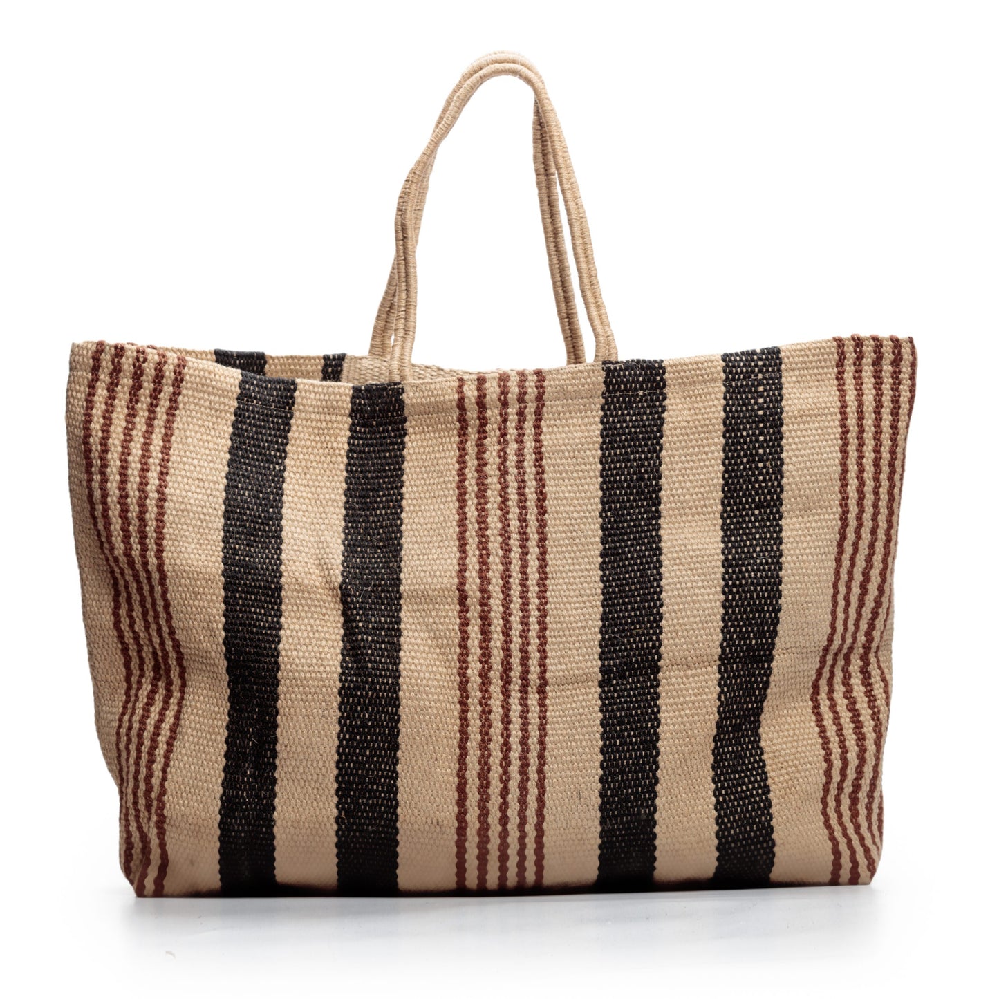 EXTRA LARGE JUTE BAG LONG HANDLES WITH NATURAL, BLACK AND BROWN STRIPES