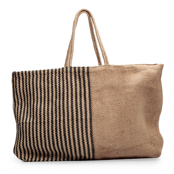 EXTRA LARGE JUTE BAG LONG HANDLES THIN BLACK STRIPES